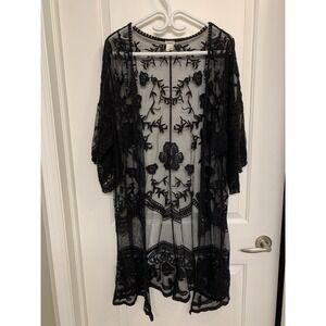 Black Lace Kimono One Size Sheer Duster Floral Open Front Boho Whimsigoth Fairy